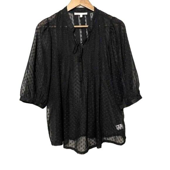 Daniel Rainn · Sheer Tunic Blouse · Small · Ruffle Collar Split V-Neck · Black - Picture 2 of 11